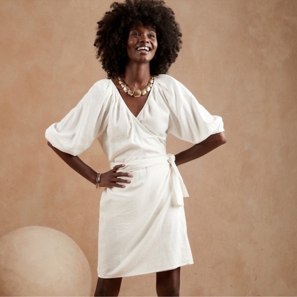 Banana Republic White 1/2 Sleeve Linen Blend Wrap Dress - Picture 1 of 4